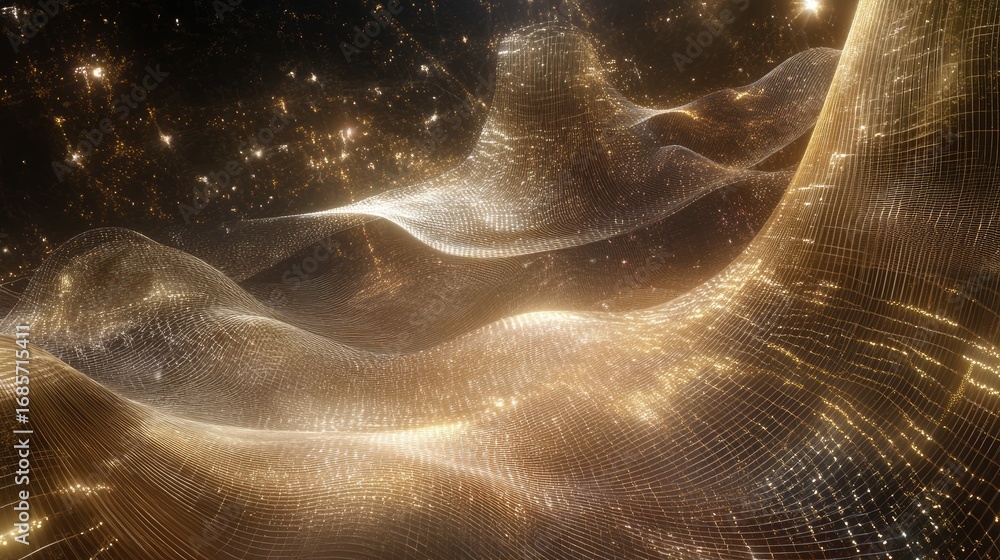 Poster shimmering golden wireframe waves with sparkling lights on dark background