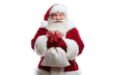 Naklejka premium A Christmas Santa Claus holding a gift bag, isolated on a transparent background.