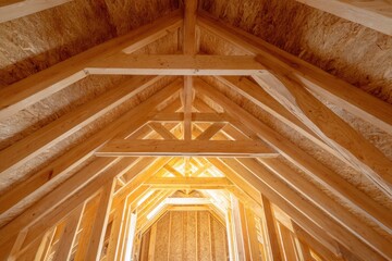 Attic interior of an off-frame construction house with wooden beams and a gable roof structure. Newly constructed A-frame wood attic with beams and unfinished walls. Newly-built buildings, or homes.