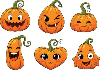 Cute Halloween pumpkin cartoon characters, funny jack-o’-lantern expressions, spooky autumn vegetables, kawaii pumpkin faces, kids Halloween illustration, seasonal harvest vector art