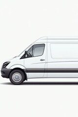 Side profile of a modern white delivery van on a plain background, showcasing sleek design and utility.