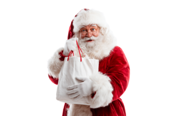 A Christmas Santa Claus holding a gift bag, isolated on a transparent background.
