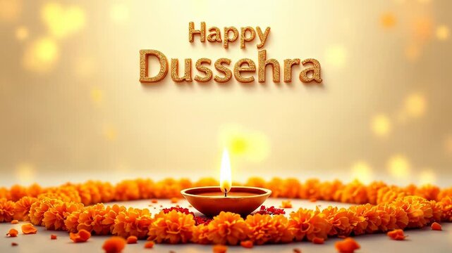 Lit diya surrounded by marigold flowers garland celebrating dussehra, a major hindu festival