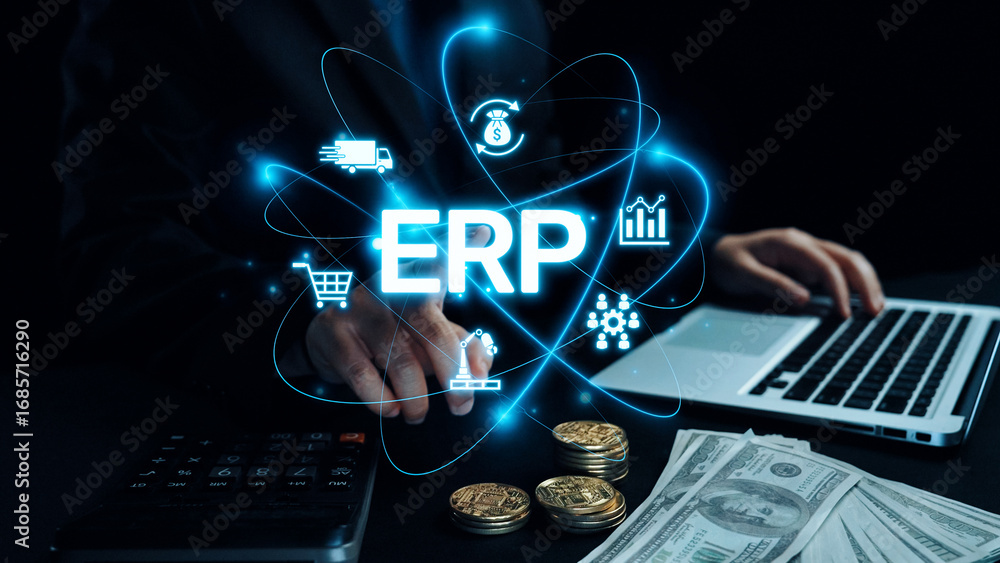 Poster erp platform visual showing centralized system for enterprise resource planning, improving integrati