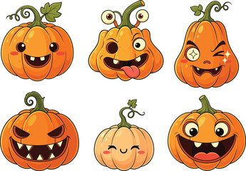 Funny Halloween pumpkin cartoon faces, spooky and cute jack-o'-lanterns, silly expressions, autumn harvest characters, vector illustration, Halloween decoration design