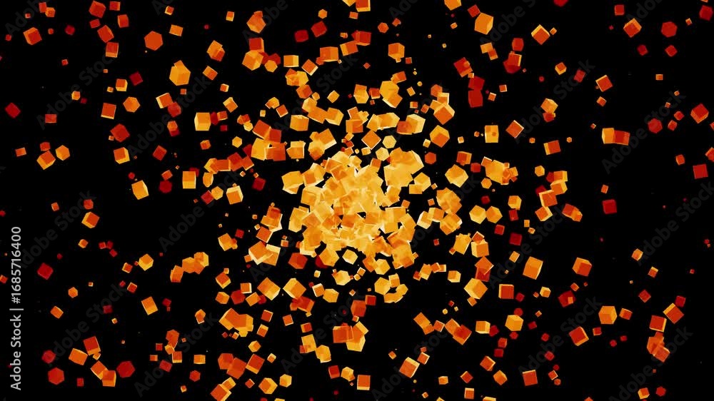Poster abstract orange cubes explosion on black background - dynamic visuals.