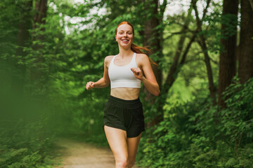Happy athletic woman running while exercising in nature. Copy space.