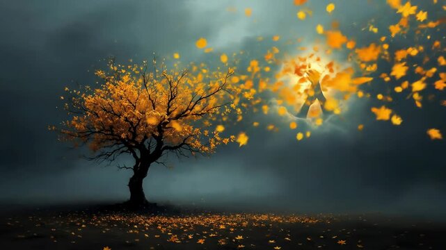 Golden leaves falling from autumn tree reaching towards hands in cloudy sky, evoking themes of spirituality, nature, and the cycle of life