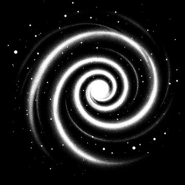 Black and white spiral galaxy vector illustration with swirling patterns and stars