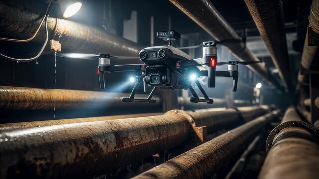 Small drone with obstacle avoidance system flying through confined industrial pipelines enabling safe inspection in challenging tight spaces.