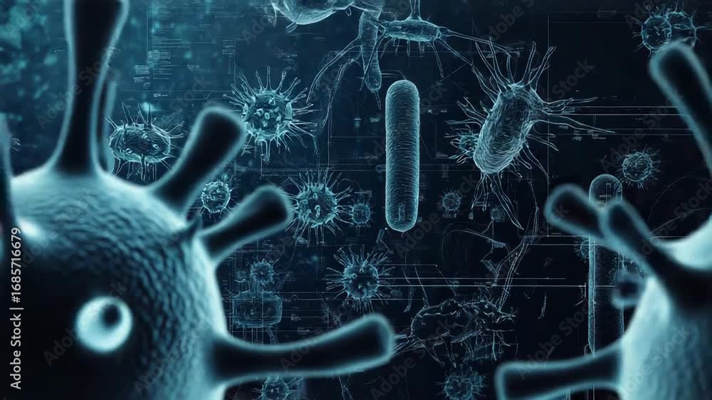 Poster microscopic view of bacteria and viruses floating in digital environment