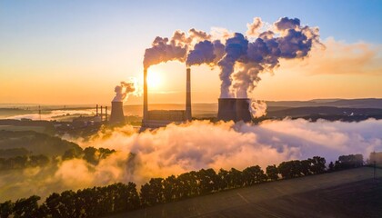 Fototapeta premium Nuclear power plant with steaming cooling towers in a green landscape at sunrise, symbolizing energy and environment.