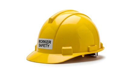 A yellow hard hat with a worker safety sticker isolated on a white background in a studio setting