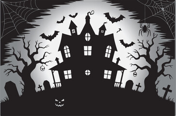 Haunted Halloween House with Bats, Spiders, Jack-o'-Lantern, and Creepy Trees in Spooky Graveyard Scene – Scary Night Background for Horror, Trick-or-Treat, or Halloween Party Design