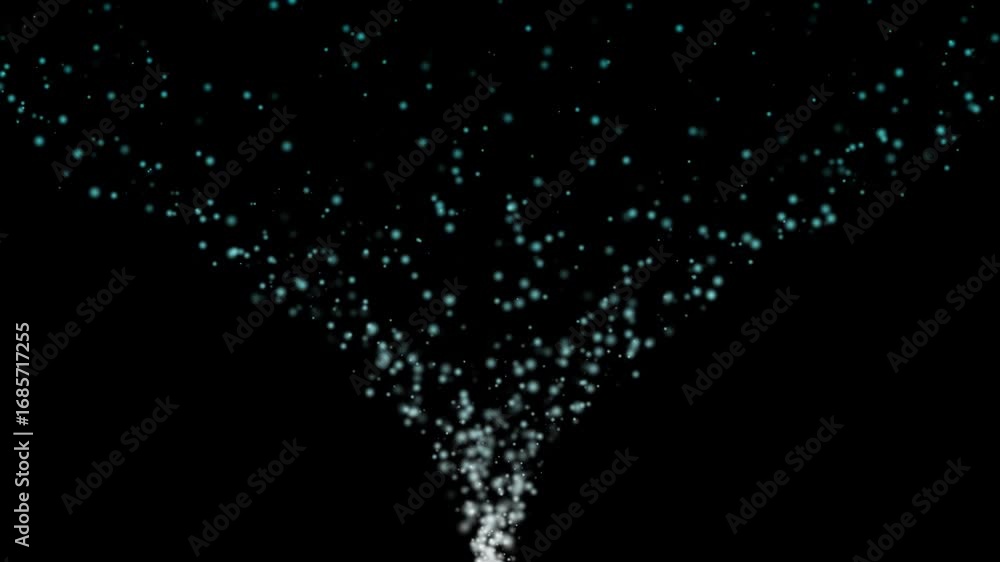 Poster abstract particle flow animation on black background for science projects.