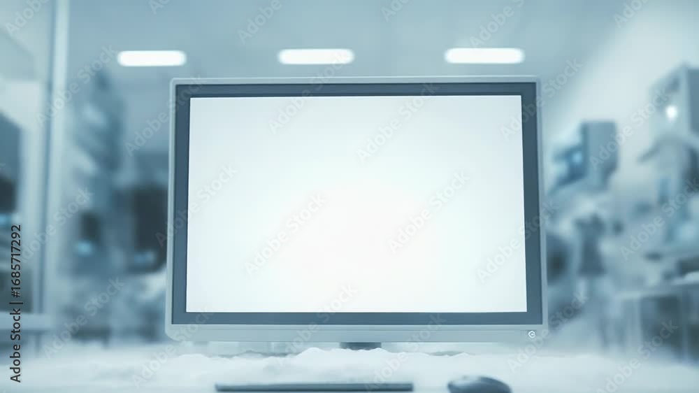 Poster computer screen exploding in an office setting with keyboard and mouse visible