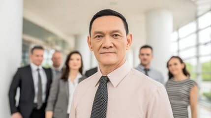 Confident business leader in a corporate setting with team members in the background