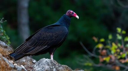 Obraz premium Vulture Perched on Rocks with Vivid Red Head and Black Feathers Against Green Background