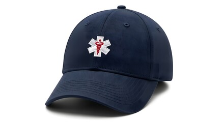 Close up of a blue baseball cap with a white medical symbol on a white background studio shot
