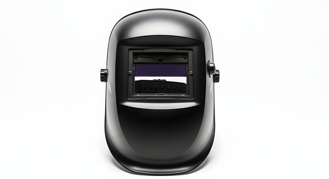 A front view of a black welding helmet with a rectangular viewing window on a white background studio shot