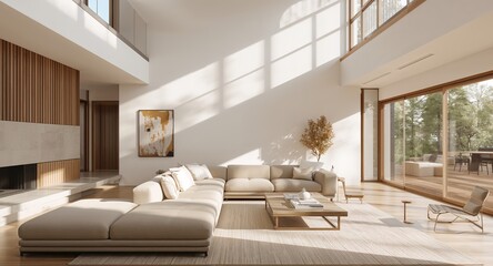 Interior Harmony. A Spacious Room with Natural Light and Neutral Tones, Abstract Painting.