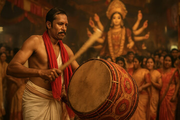 Powerful Dhak Player at Indian Religious Festival; Dramatic Lighting, Warm Tones