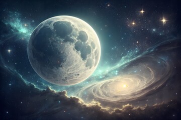 Obraz premium Full Moon and Galaxy in Space with Nebulae