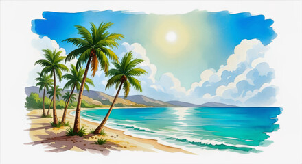 Watercolor painting of a tropical beach with palm trees ocean waves and a bright sunny sky landscape scene