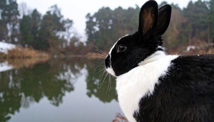 Black and white rabbit by a winter lake