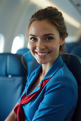 Flight attendant smiles warmly while seated inside a commercial airplane