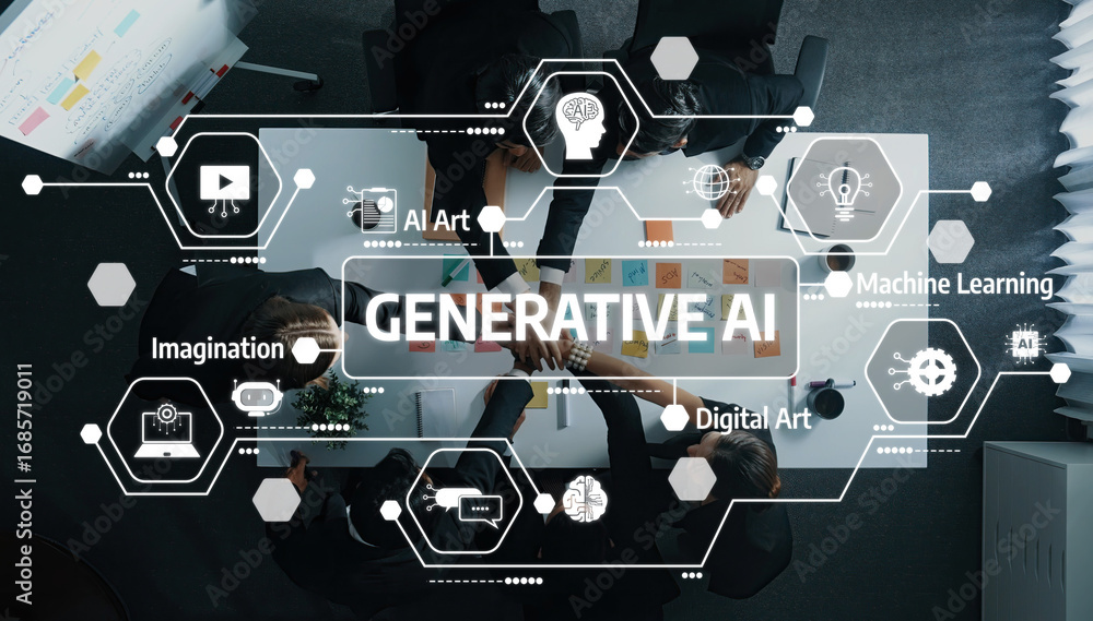 Poster diverse team collaborating on generative ai concepts at modern workspace table with digital art and 