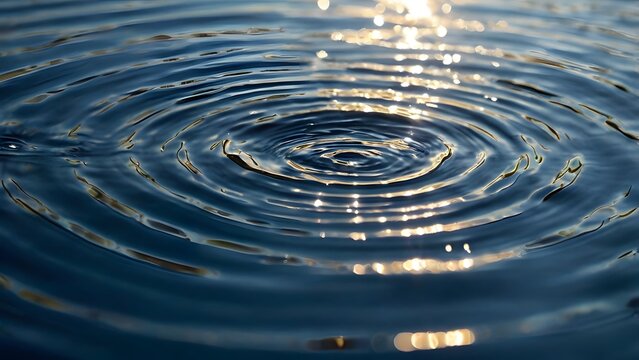 Close up of concentric water ripples with sunlight reflecting on the surface