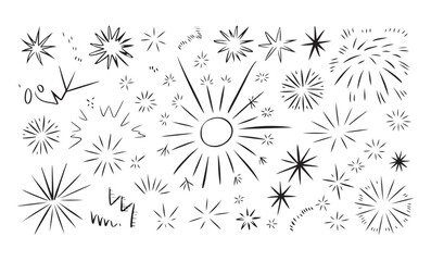 Obraz premium Abstract doodle starburst silhouette vector set, hand drawn sunburst spark and decorative shining star elements for design