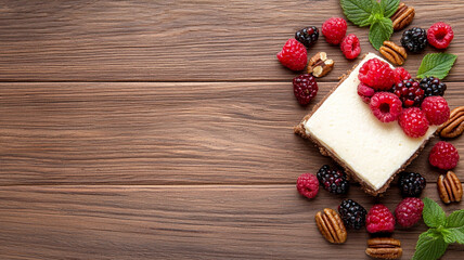 Creamy Cheesecake with Fresh Berries and Pecans on Rustic Wooden Surface
