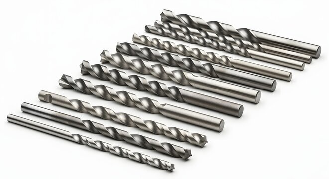 A collection of drill bits arranged in a row on a white surface showing the spirals and metal texture