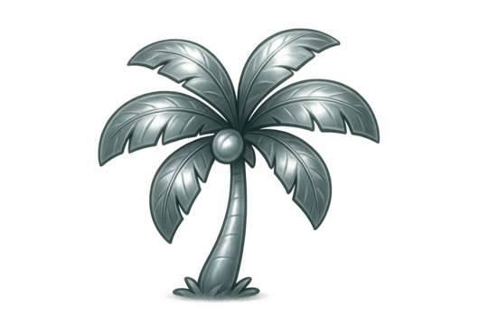 Metallic palm tree silhouette with intricate leaf patterns and sleek trunk, floating on transparent backdrop for graphic design needs