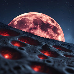 Crimson Planet: Glowing Lava Pits on a Lunar Surface, Night Sky, Astronomical Phenomenon, Planetary Landscape, Space Exploration, Science Fiction Art