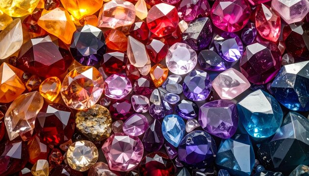 
Vibrant gemstone mosaic of ruby, amethyst, and topaz fragments forming sparkling radial symmetry.