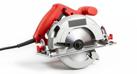 Close up of a red and silver circular saw with a black cord on a white background in studio shot