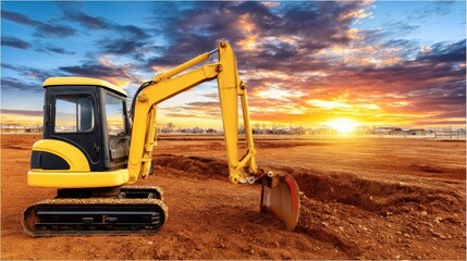 Excavator Operating at Sunset in Construction Site with Dramatic Sky and Horizon