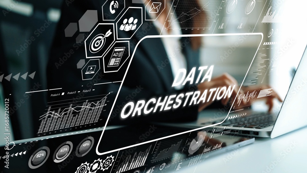 Poster modern data orchestration process in business with digital interface and analytical graphs. asymptot