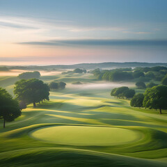 Stunning Sunrise Golf Course Landscape: Scenic Greens, Rolling Hills, and Morning Mist