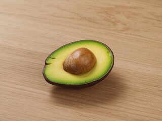 Sectioned Fruit, CloseUp Half of an Organic, Green Fruit with Smooth Texture on Wood.