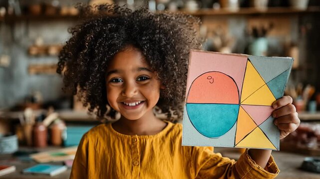 A young child with a vibrant yellow shirt proudly holds up a colorful geometric art project, showcasing creativity and early education.