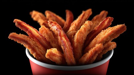 Crispy Sweet Potato Fries Served in a Red Paper Cup Against a Black Background