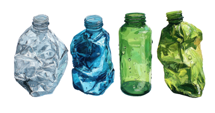 Crinkled plastic and glass bottles. Four different colored bottles, crumpled and distorted, are arranged horizontally