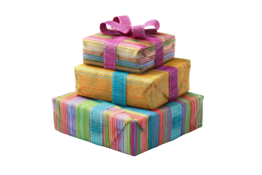 Stack of colorful wrapped gifts.  Stacked presents with vibrant, patterned wrapping paper and pink ribbon bows