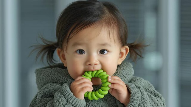 A beautiful toddler with pigtails is happily chewing on a green teether, offering a close-up of early development and baby health.