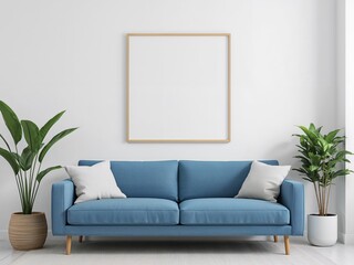 Serene Interior. A Blue Sofa, Blank Frame, and Lush Greenery in a Minimalist Space.