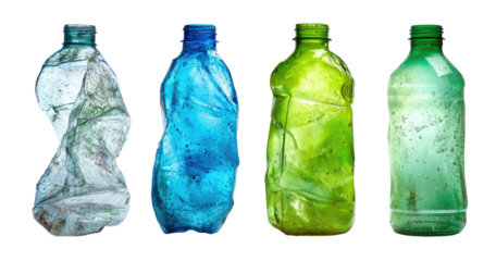 Four distorted plastic bottles, showing wear and damage